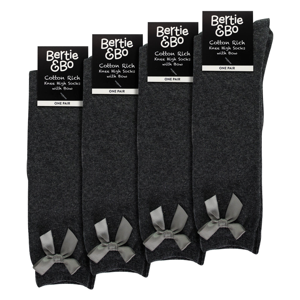 Girls 4 Pack Knee High School Socks with Ribbon Bow | Kids Plain Long Socks