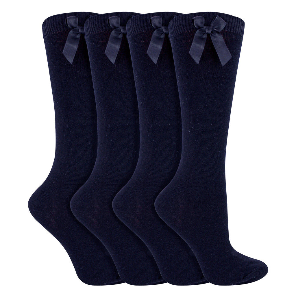 Girls 4 Pack Knee High School Socks with Ribbon Bow | Kids Plain Long Socks