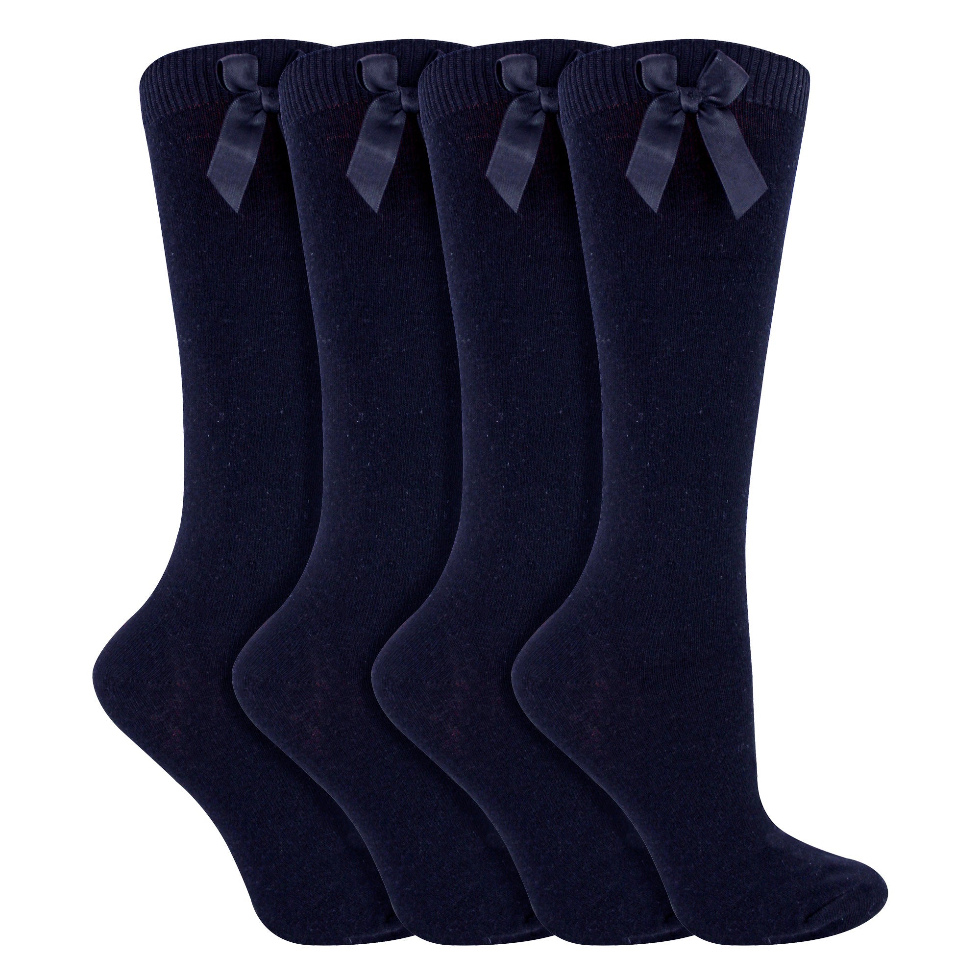Girls 4 Pack Knee High School Socks with Ribbon Bow | Kids Plain Long Socks