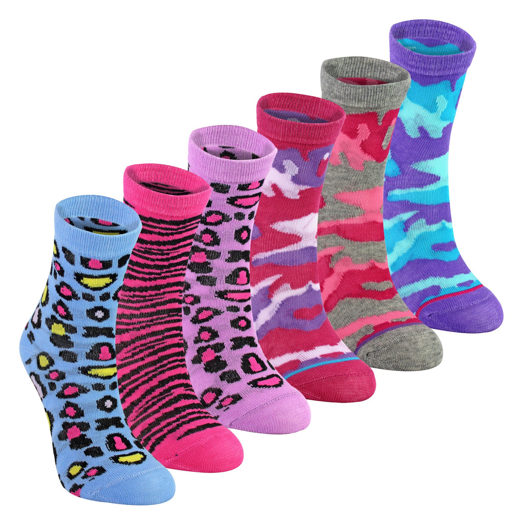6 Pack Girls Animal Print Colourful Camo Socks