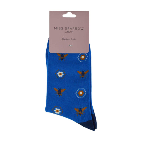 1 Pack Ladies Novelty Blue Retro Bees Bamboo Socks