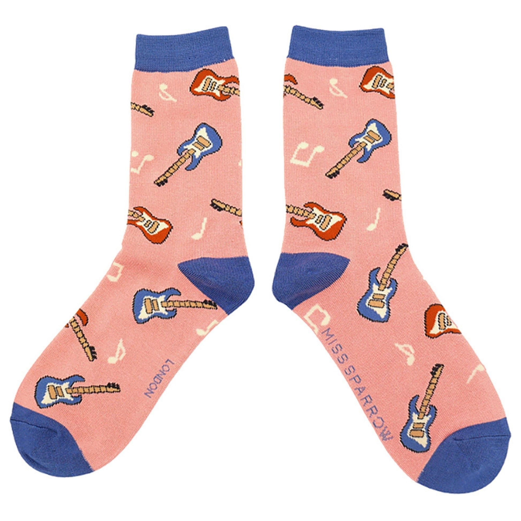 1 Pack Ladies Novelty Dusky Pink Guitar Bamboo Socks