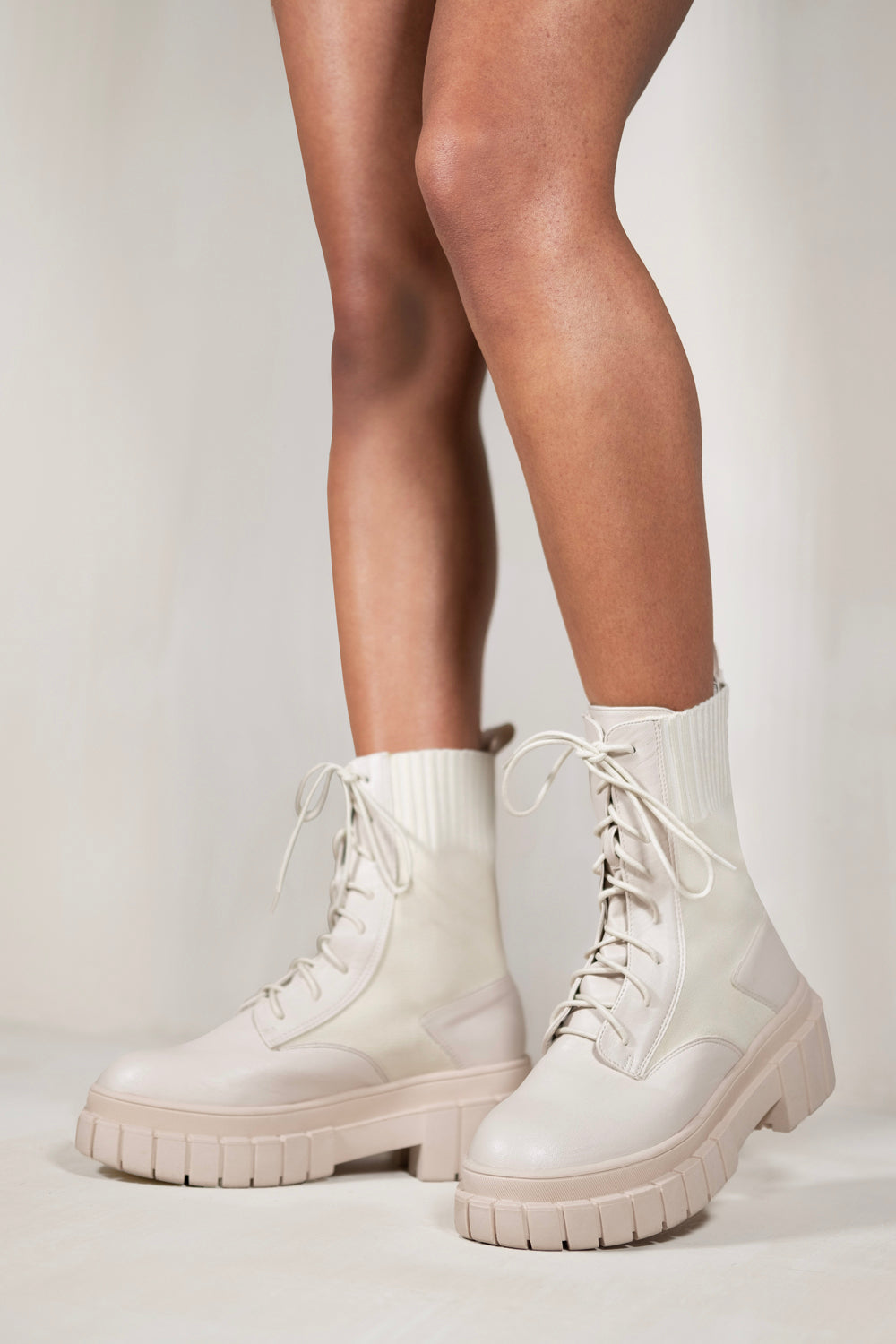 NELLIE CHUNKY ANKLE BOOT WITH KNITTED ELASTIC AND LACE UP IN IVORY CREAM FAUX LEATHER