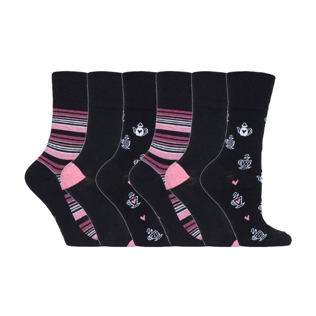 6 Pack Ladies Non Elastic Loose Top Patterned Cotton Rich Socks