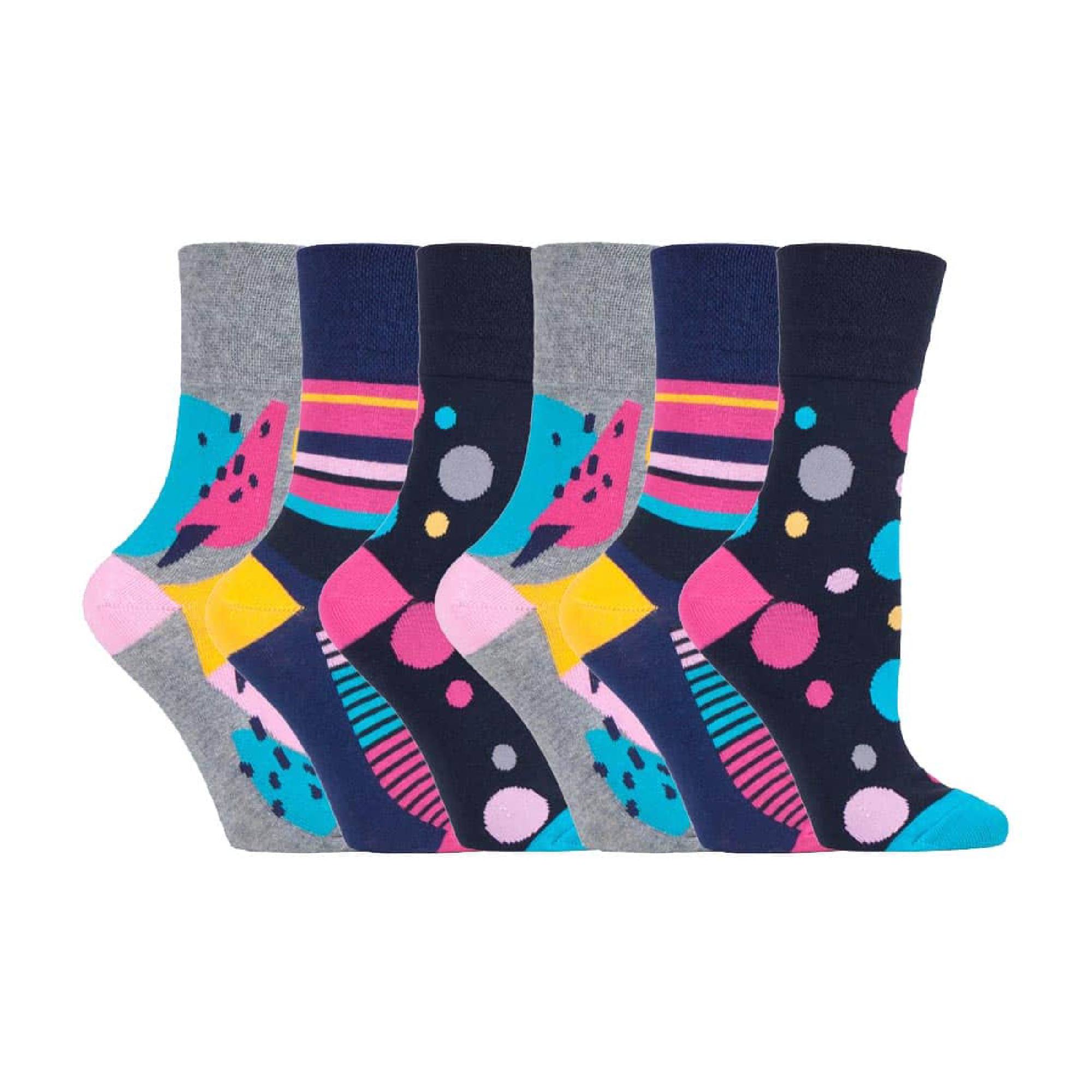 6 Pack Ladies Non Elastic Patterned Cotton Rich Socks