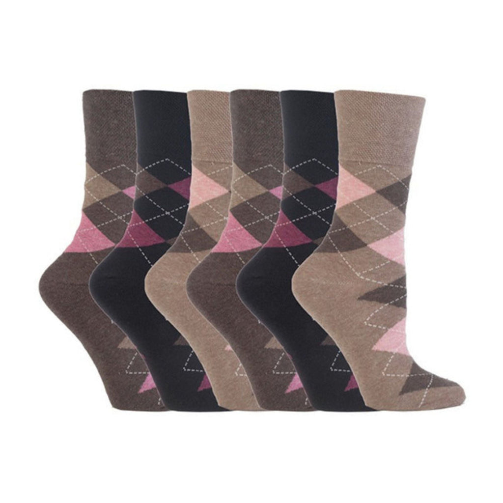 6 Pack Ladies Non Elastic Argyle Patterned Cotton Socks
