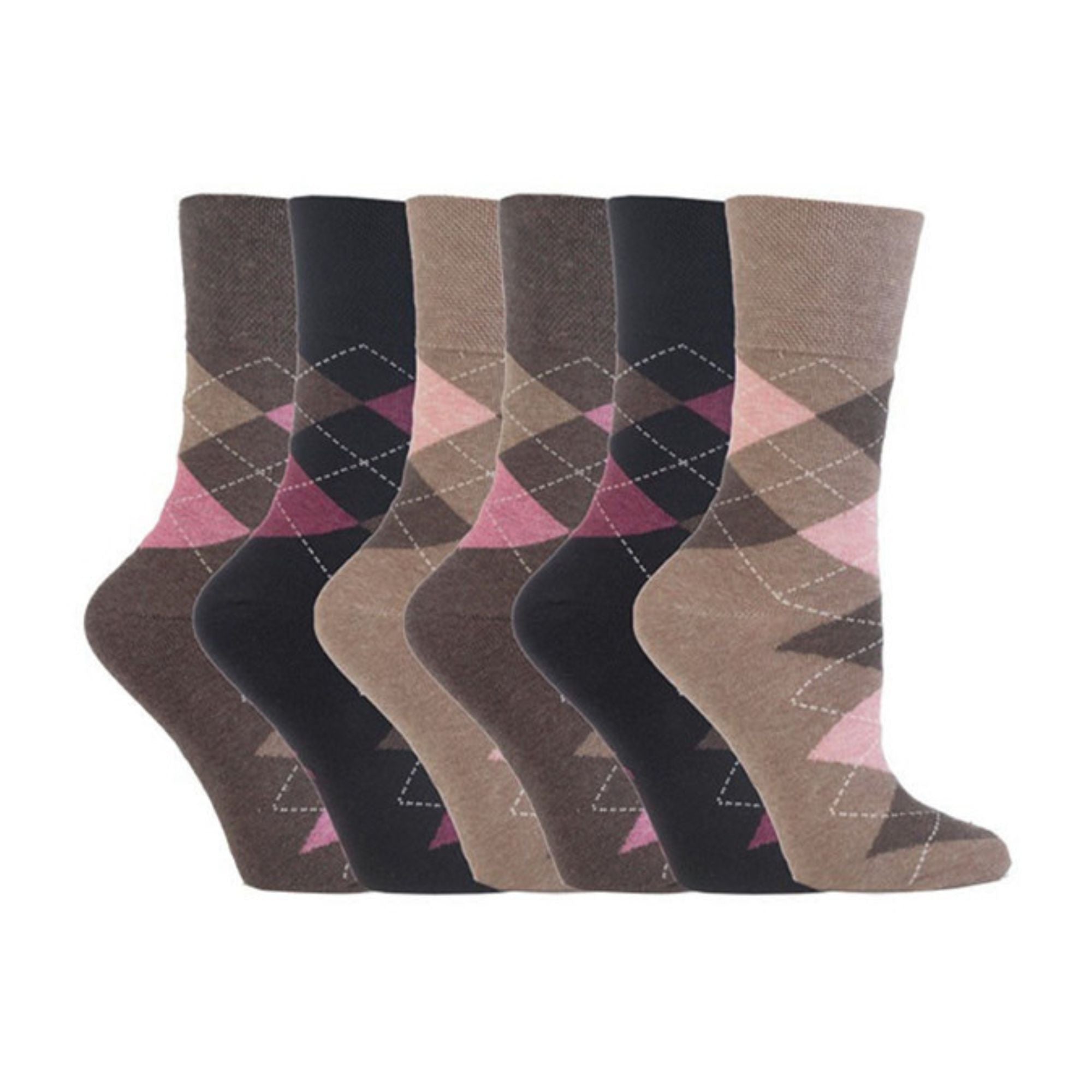 6 Pack Ladies Non Elastic Argyle Patterned Cotton Socks