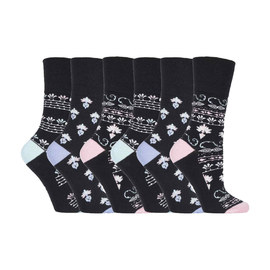 6 Pack Ladies Patterned Non Elastic Cotton Socks