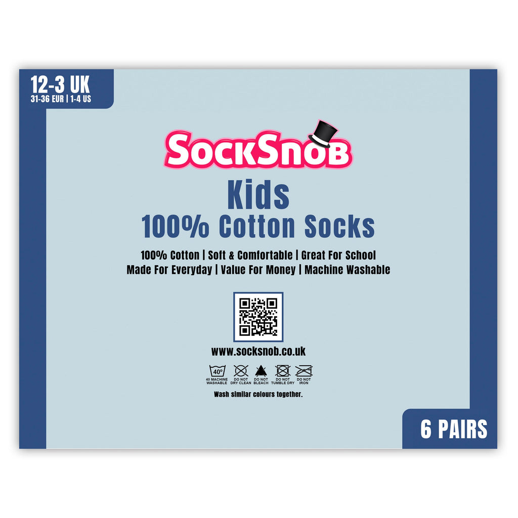 6 Pack Kids 100% Cotton Breathable Socks