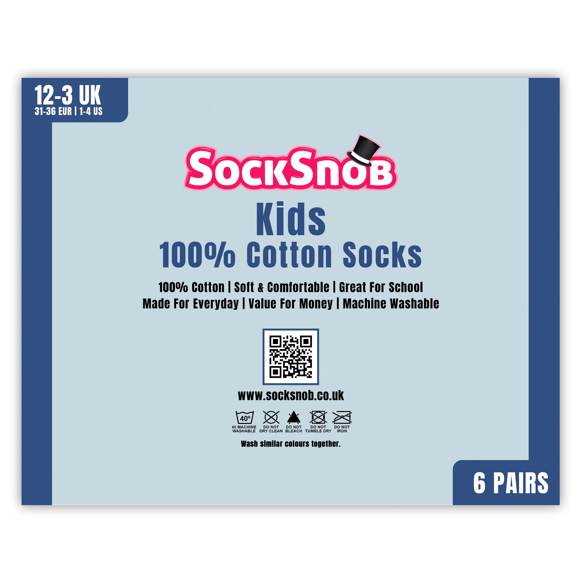 6 Pack Kids 100% Cotton Breathable Socks