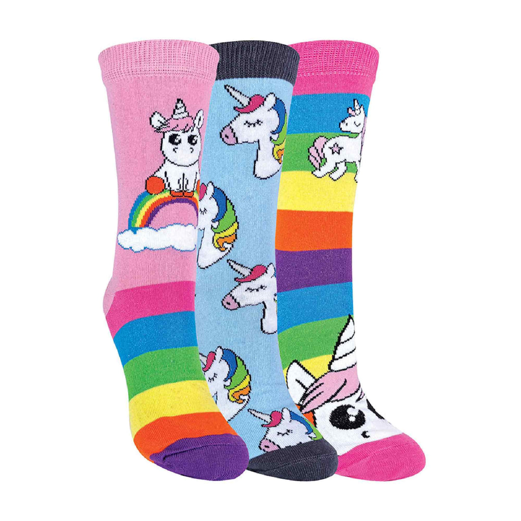 3 Pack Girls Soft Cotton Unicorn Striped Rainbow Design Socks