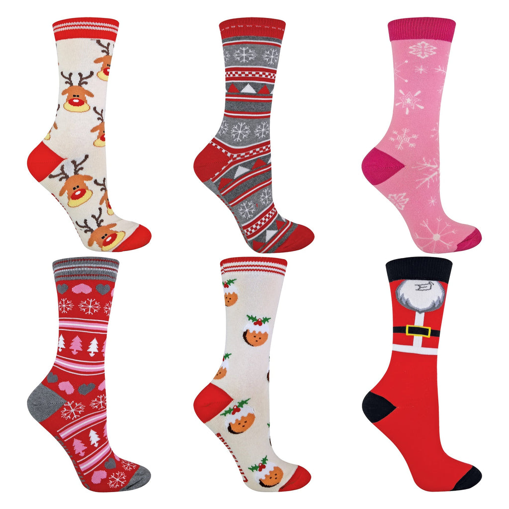 6 Pack Novelty Festive Ladies Christmas Socks