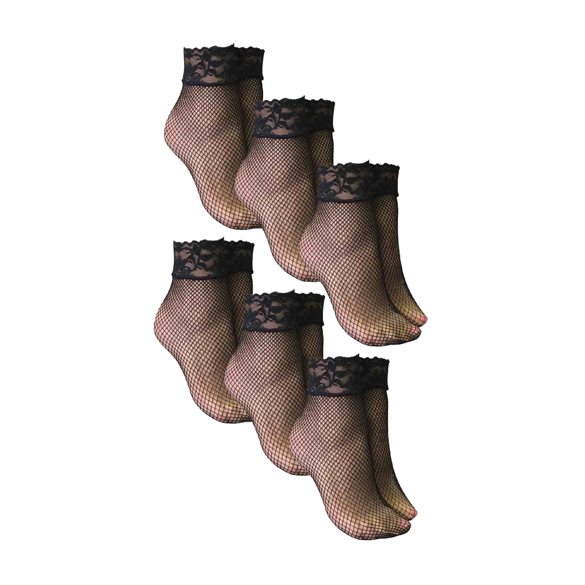 6 Pack Ladies Low Cut Fishnet Ankle Socks with Lace Trim