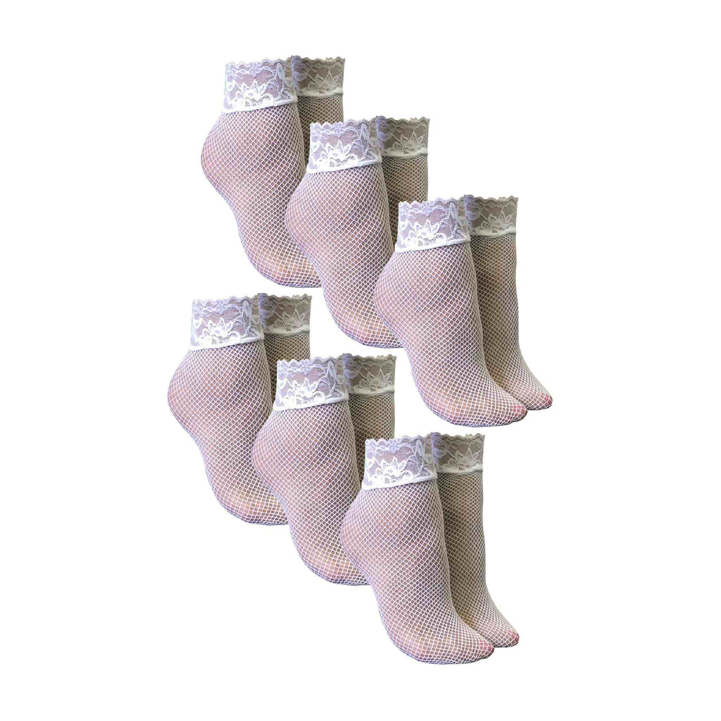 6 Pack Ladies Low Cut Fishnet Ankle Socks with Lace Trim