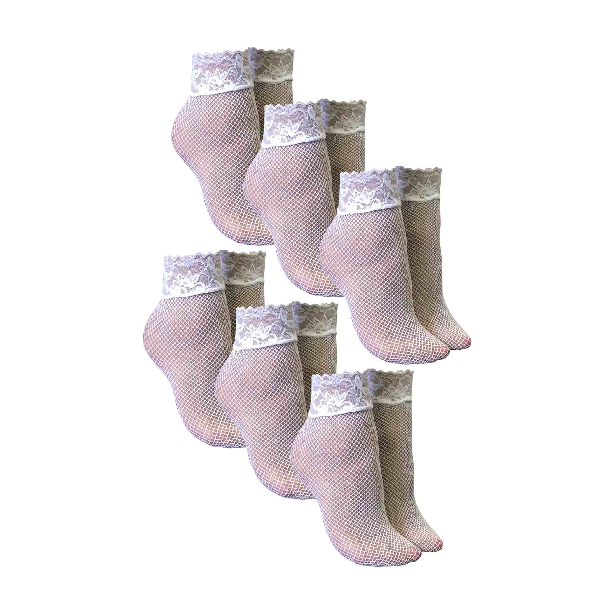 6 Pack Ladies Low Cut Fishnet Ankle Socks with Lace Trim
