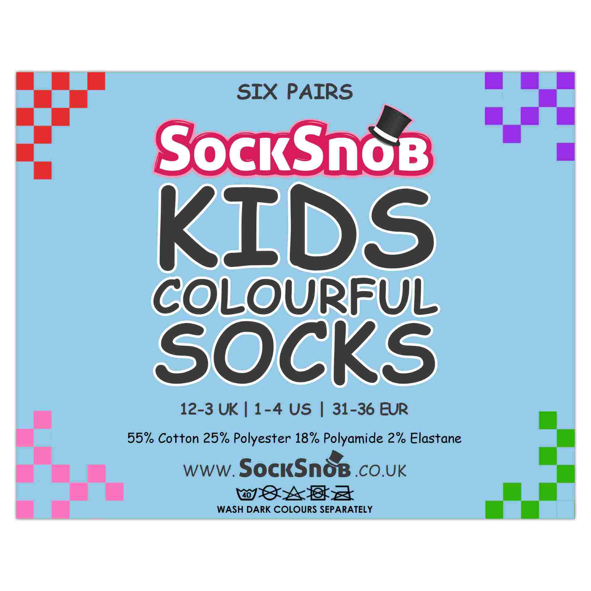 6 Pack Kids Plain Solid Coloured Cotton Socks