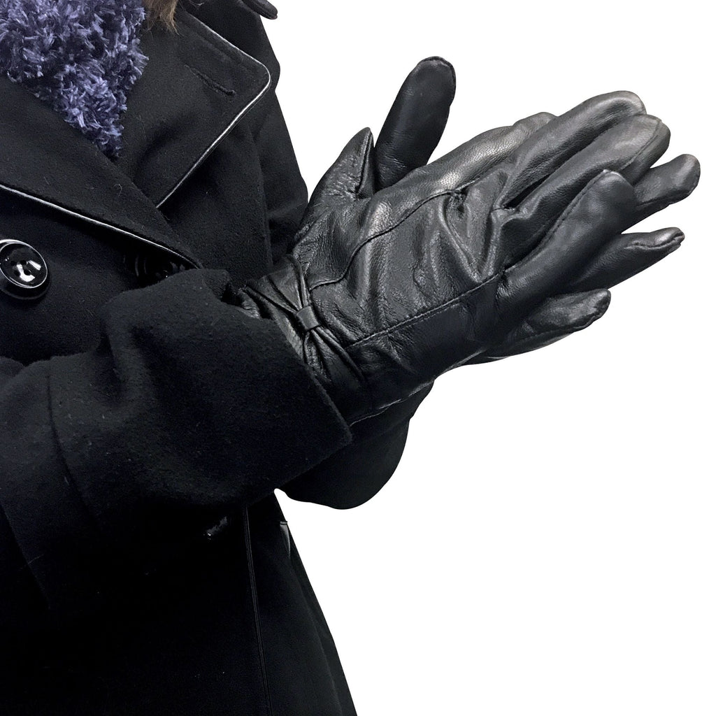 Ladies Fleece Lined Warm Leather Gloves with Bow