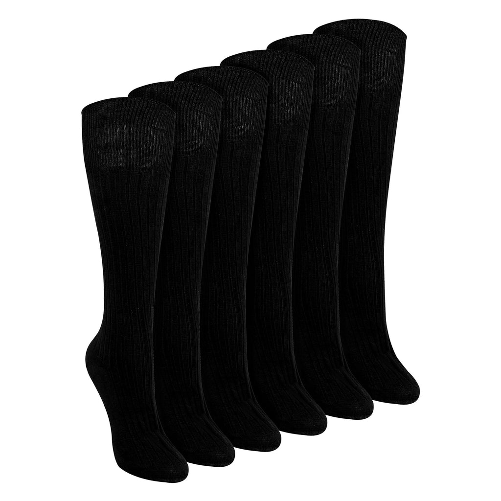6 Pairs Ladies 100% Cotton Knee High Socks | Long Ribbed Non Elastic Top Socks