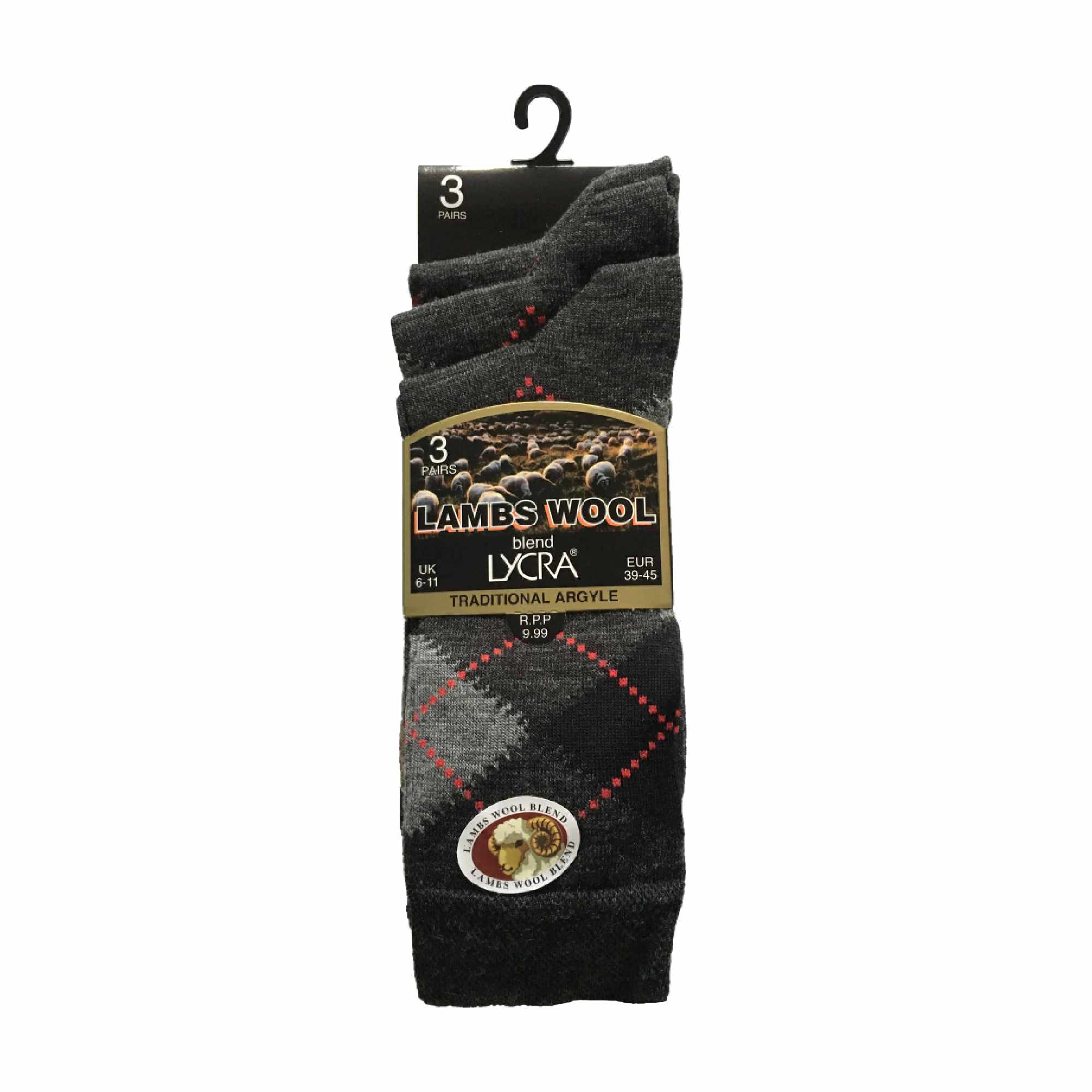 3 Pack Mens Lambs Wool Blend Argyle Socks with Soft Top