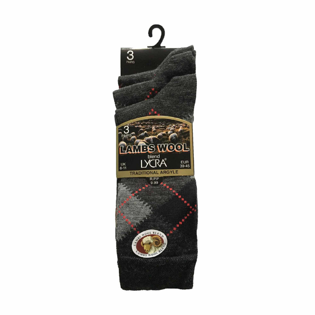 3 Pack Mens Lambs Wool Blend Argyle Socks with Soft Top