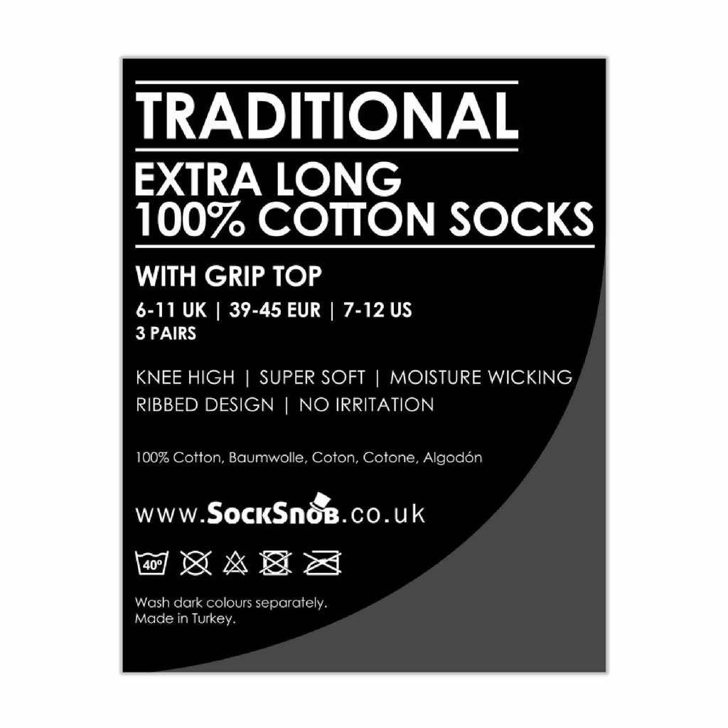 3 Pack Mens Long Knee High Lightweight 100% Cotton Soft Breathable Socks