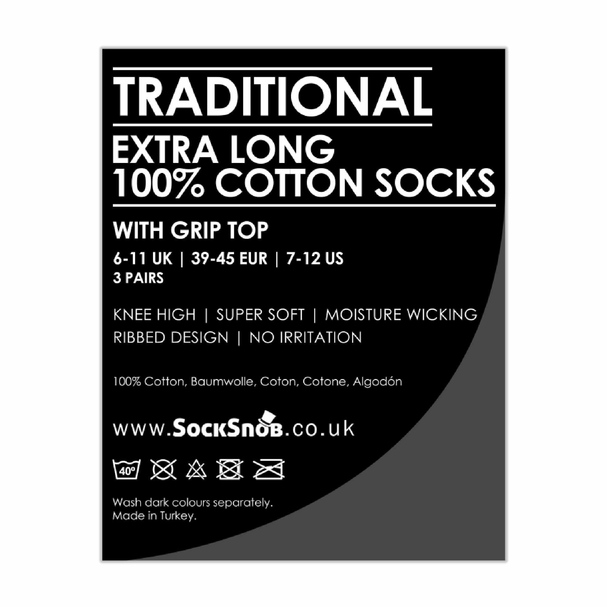 3 Pack Mens Long Knee High Length 100% Cotton Socks