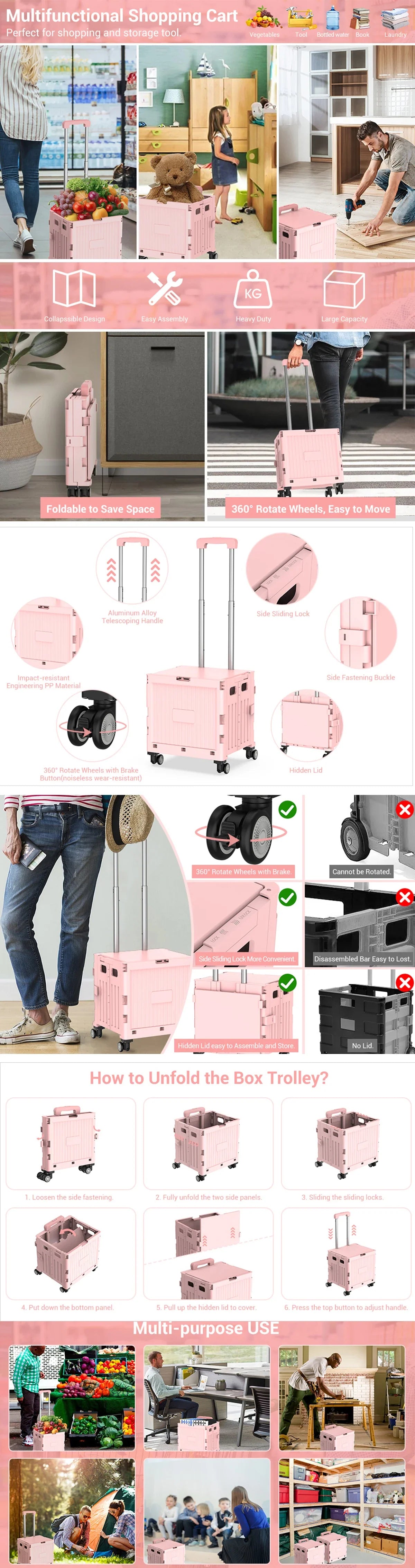 Folding Utility Shopping Trolley on Wheels Teacher Trolley Cart with Lid Portable Crate Handcart Box for Camping Shopping Pink