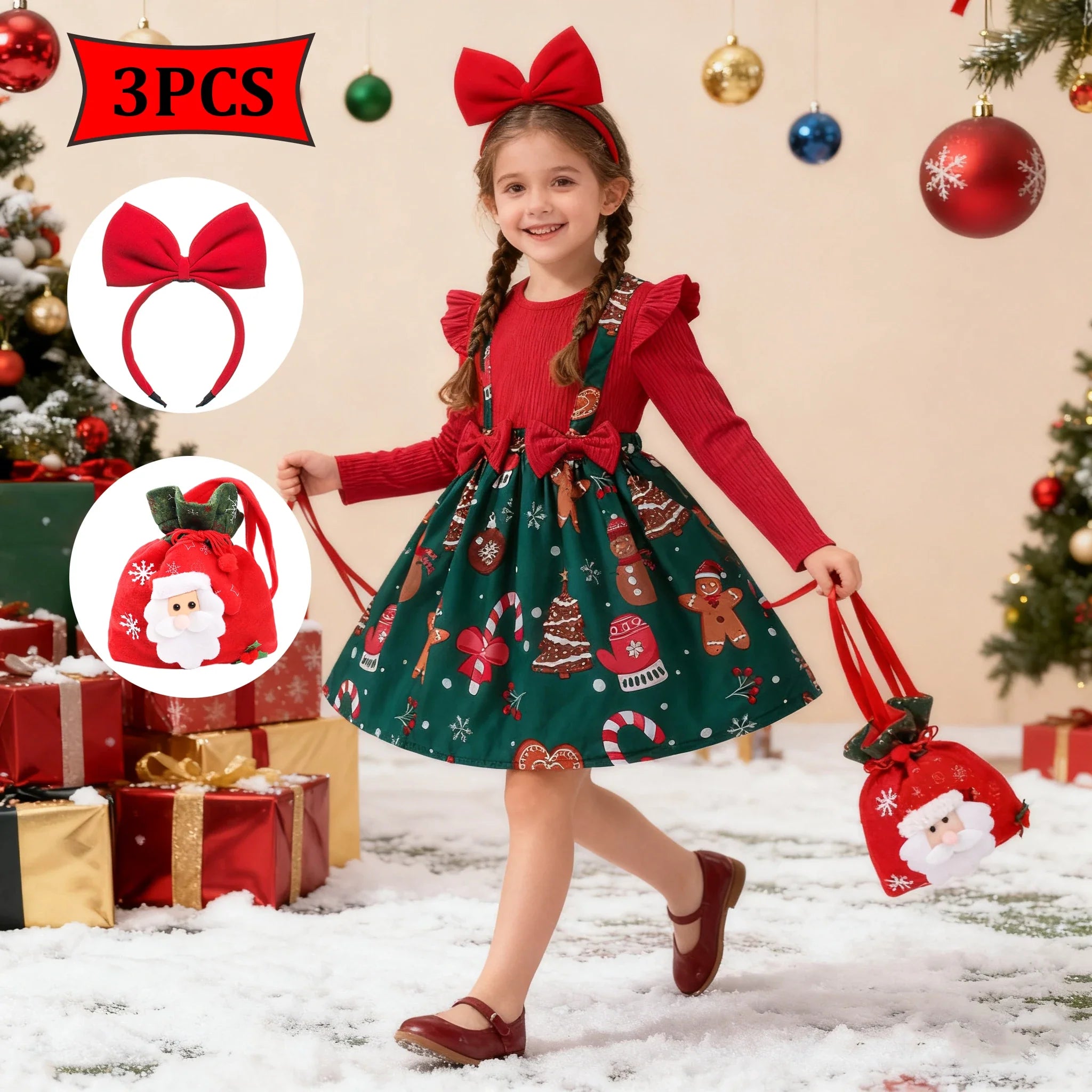 Girl's New Year Red Patchwork and Christmas Deer Print Casual Dress