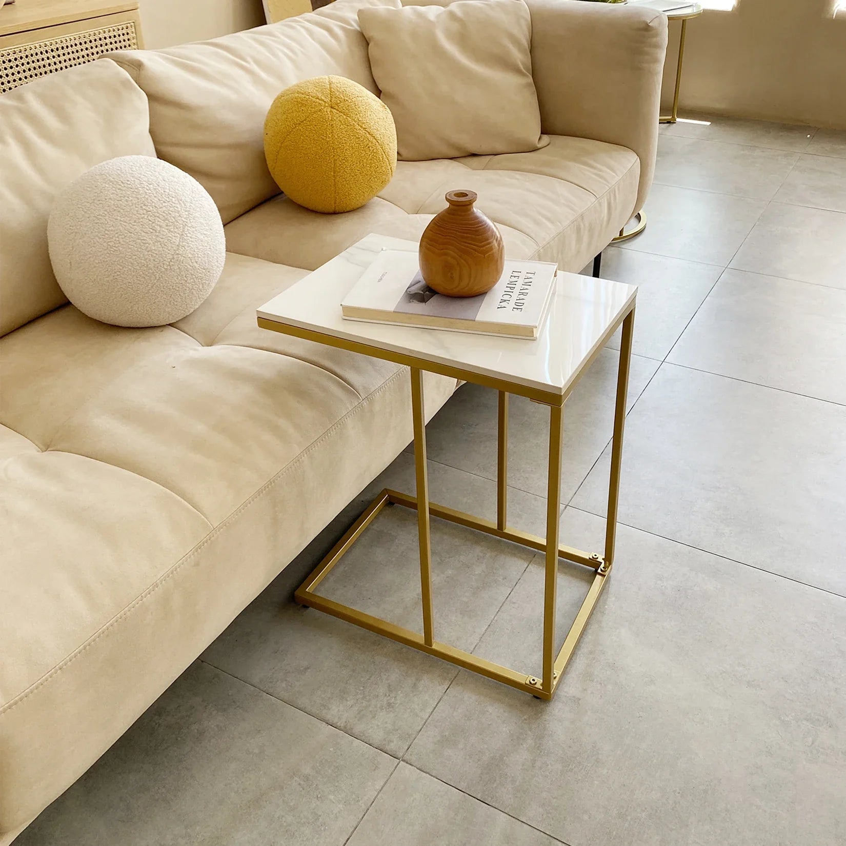 Marble Side End Table, C Shaped Couch, Coffee Table, Slide Under Sofa Bed, Indoor Gold Metal Frame
