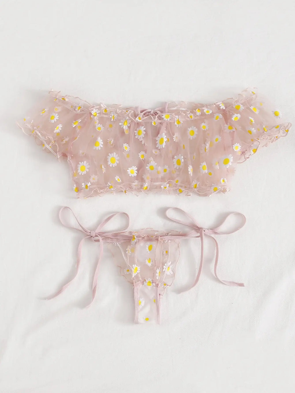 Sexy Fancy Lingerie Set 2 Pieces Transparent Halter Off Shoulder Women's Underwear Beautiful Daisy Print Bra And Panty Sets