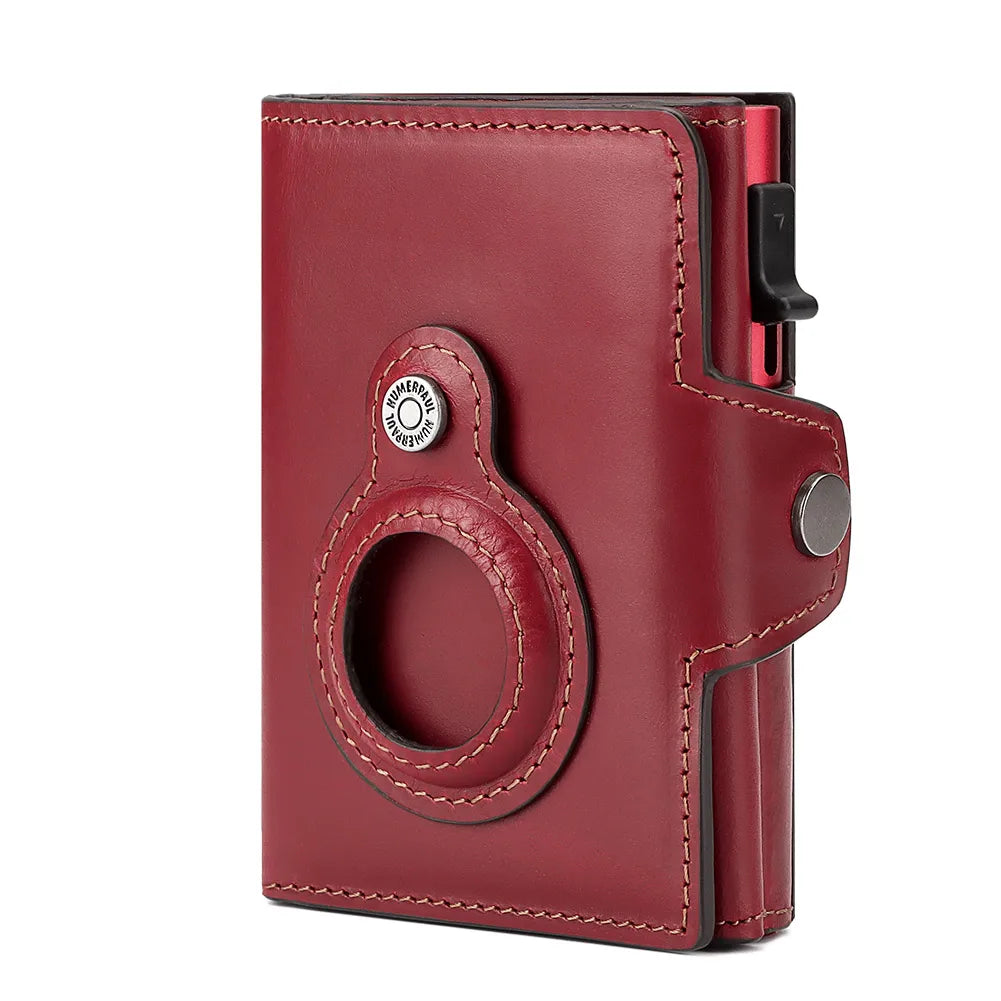 Anti-scan Magnet Credit Card Holder Wallet Genuine Leather Automatic Pop Out Aluminum Smart Wallets Luxury AirTag Purse Set