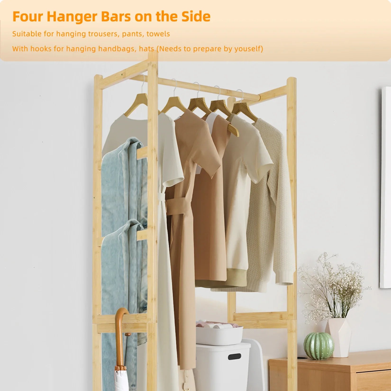 Bamboo Garment Rack, Heavy Duty Coat Stand, Wardrobe with 3 Storage Shelves, Shoe Shelf