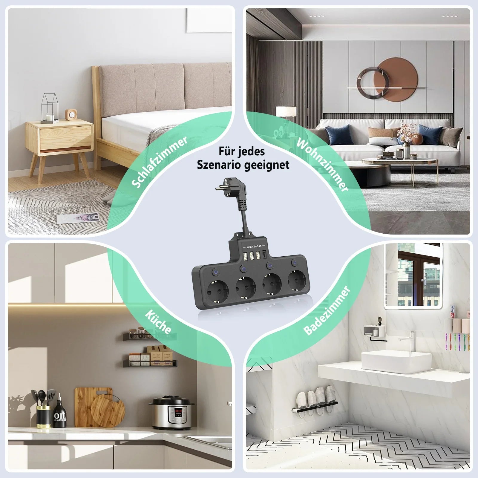 European plug power strip multi-contact socket with 3 USB and 1Type-C ports household power socket with switch surge protector