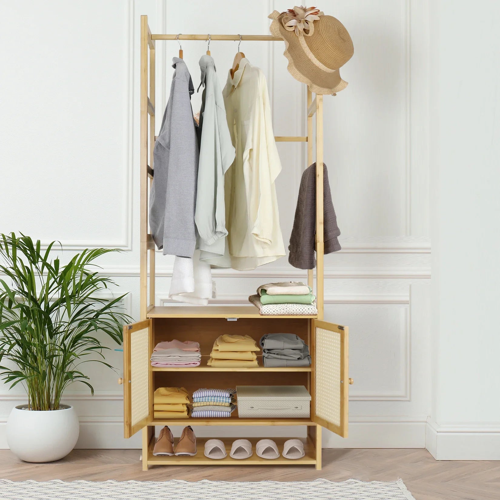 Bamboo Garment Rack, Heavy Duty Coat Stand, Wardrobe with 3 Storage Shelves, Shoe Shelf