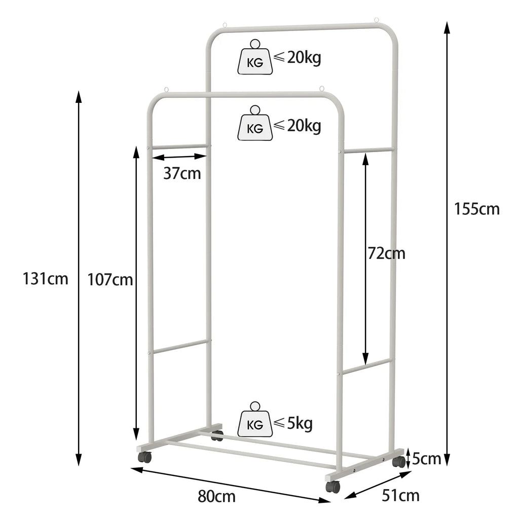 Heavy Metal Clothing Garment Rack, Cloth Hanger, Display Rack Stand with Wheel and Storage, Two Top Rod