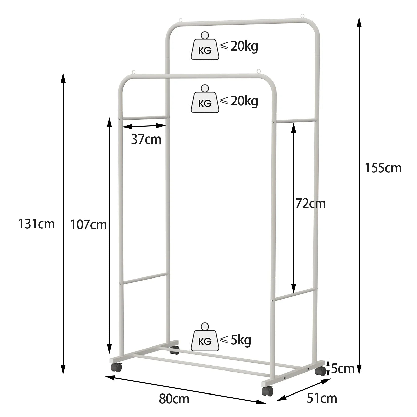 Heavy Metal Clothing Garment Rack, Cloth Hanger, Display Rack Stand with Wheel and Storage, Two Top Rod