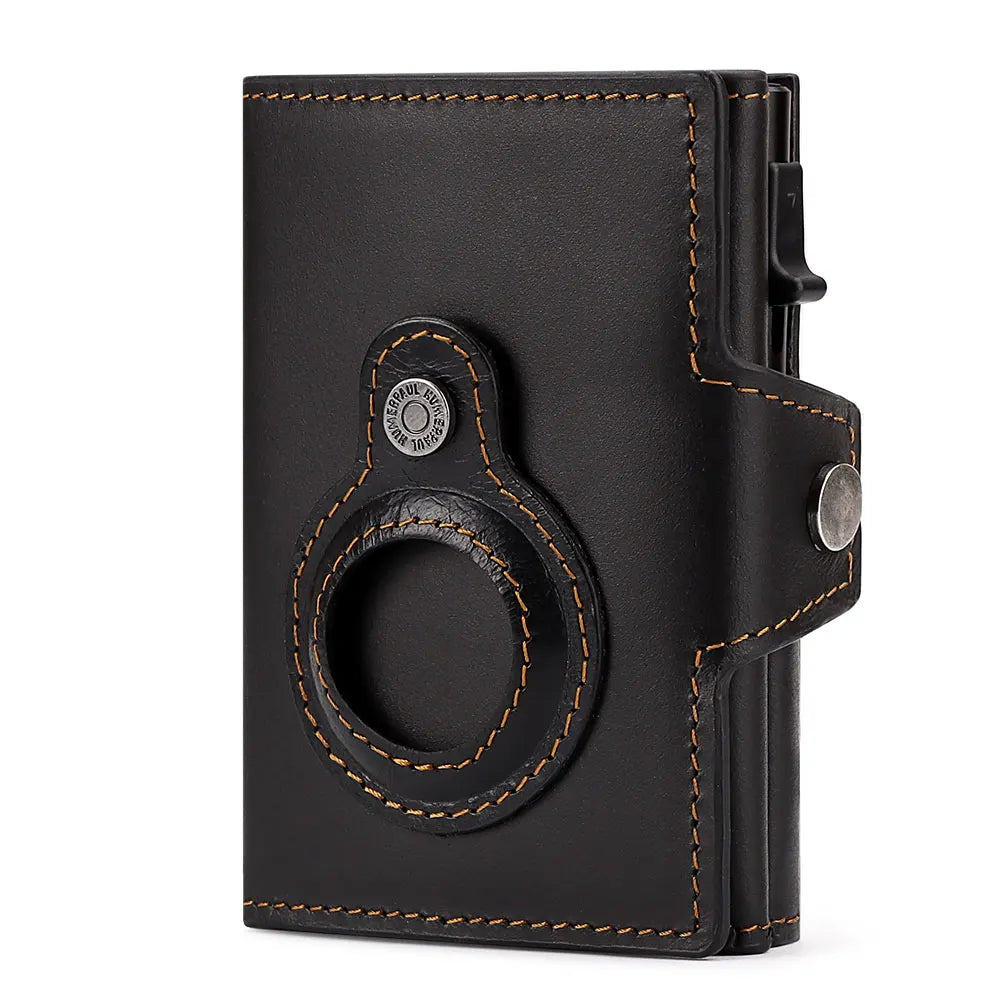 Anti-scan Magnet Credit Card Holder Wallet Genuine Leather Automatic Pop Out Aluminum Smart Wallets Luxury AirTag Purse Set