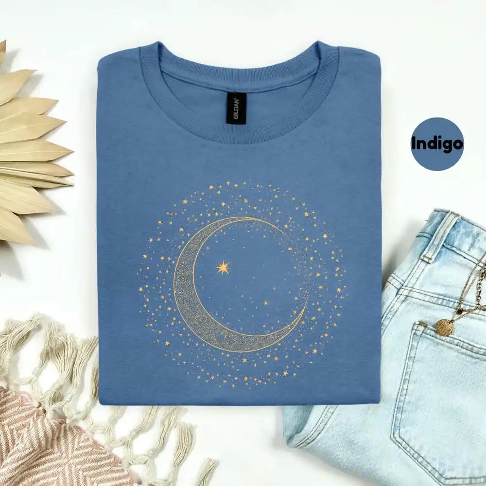 Gold Crescent Moon Celestial T-Shirt for Women -  Mystic Spiritual Tee