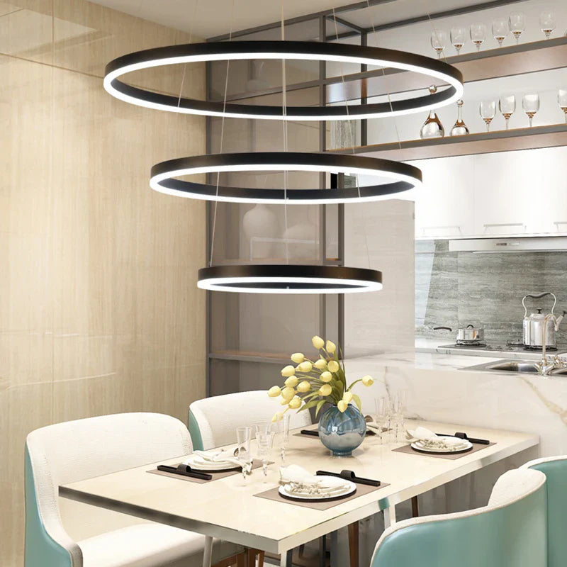 KOMORE Modern 3 Ring Aluminum Round Hanging LED Pendant Light Stepless Dimming & Cool White for Kitchen Living Room Hallway