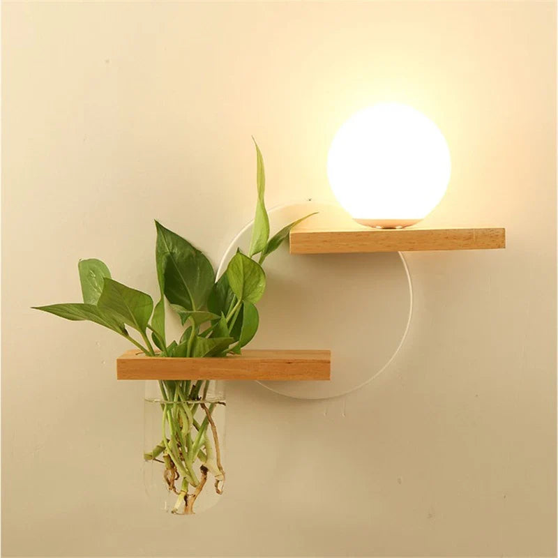 Modern Wooden LED Wall Lamp – Creative Plant & Decor Shelf Light (17 Styles)