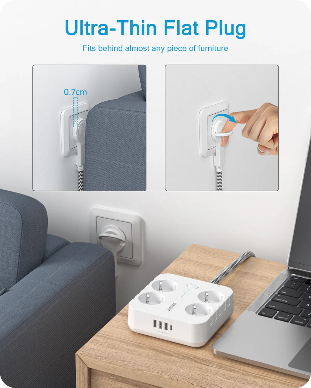 LENCENT EU Plug Power Strip with 4 AC Outlets+ 3 USB+ 1 Type C +2M/3M Braided Cable Multi Socket with Switch for Home/Office