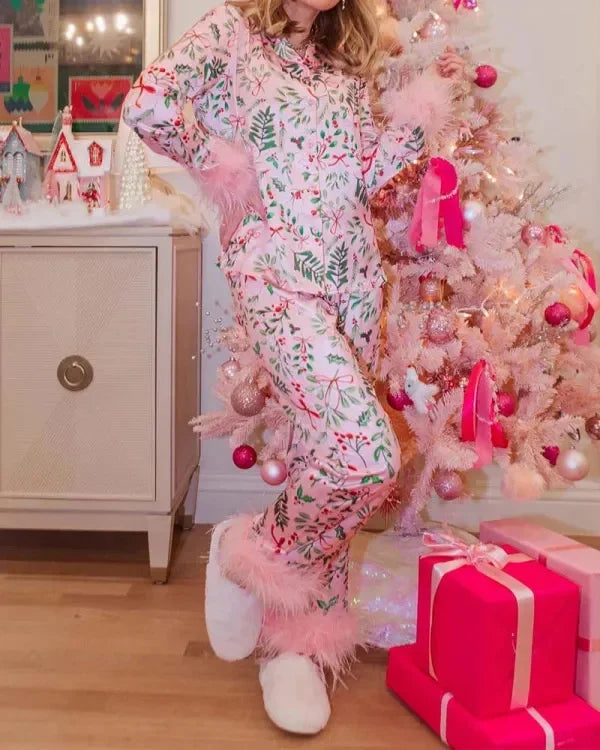 Women's Christmas Tree Plaid Satin Print Pajama Set