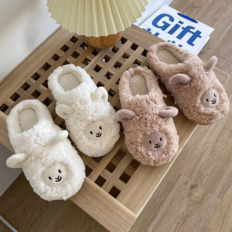 Women Home Fluffy Slippers Platform Anti Slip Comfortable Warm Shoes Cute Sheep Outdoor Couple Slippers Women Men Ladies Shoes