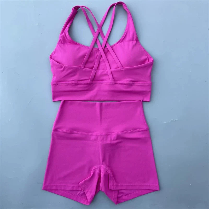 Solid Color gym bike Yoga Set short Legging +cross sport bra Tracksuit  Athletic Women Gym Suit Comprehensive Training Jogging