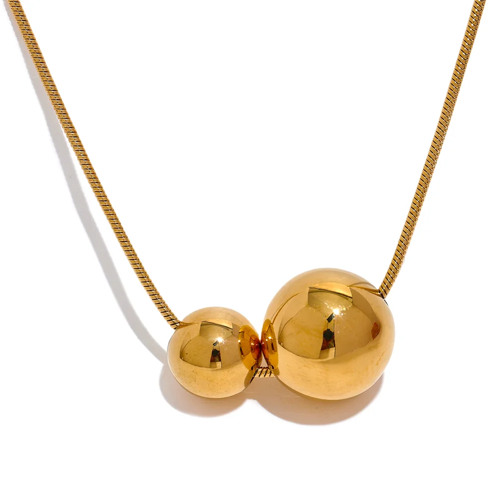 Yhpup Stainless Steel Round Ball Beads Pendant Necklace Fashion Waterproof Metal Daily Gold Color Trendy Jewelry for Women Gift