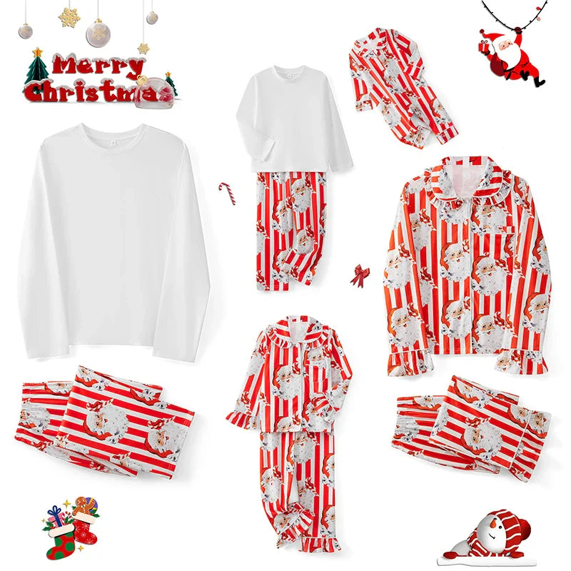 Family 2 Piece Satin Christmas Pyjamas Set Santa Print Long Sleeve Button down Sleepwear Matching Holiday Jumpsuit