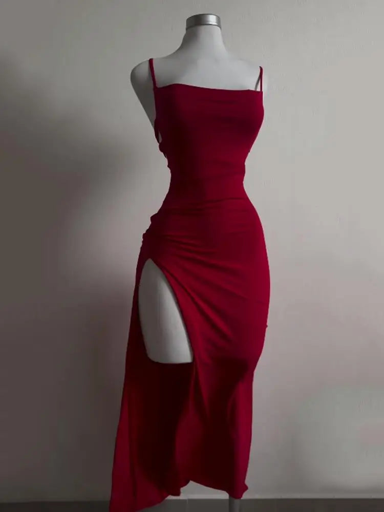 Red Lace-Up Back High Split Maxi Dress – Bodycon Summer Evening Dress