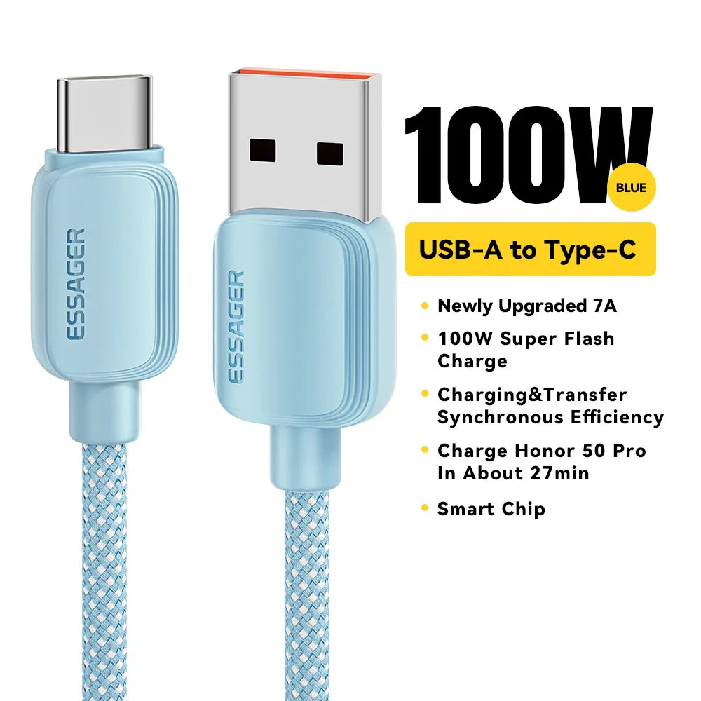 Essager 7A 100W USB Type C Cable For Huawei Honor 88W PD Fast Charging Charger USB A Data Cord Cable For Xiaomi Oneplus Samsung