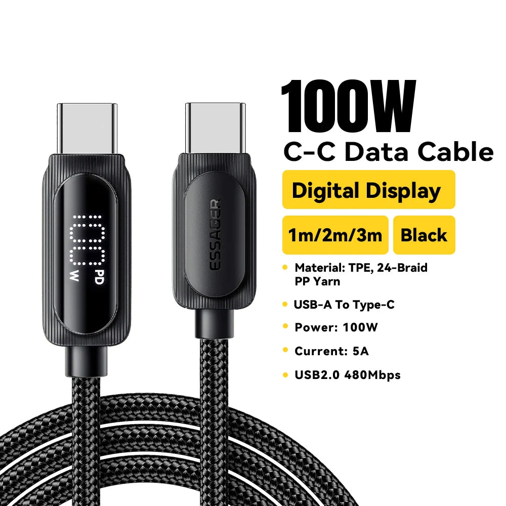 Essager USB Type C To USB C Cable 100W 5A PD Fast Charging  Wire Cord For Macbook Xiaomi Samsung Type-C Digital Display Cable 3Ｍ