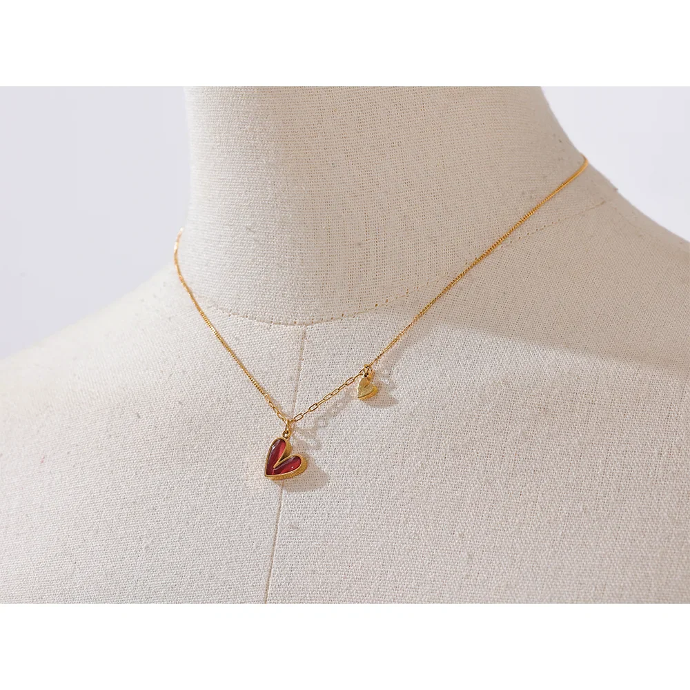 Yhpup Red Enamel White Natural Shell Stainless Steel Heart Pendant Necklace Trendy Exquisite Jewelry Attractive Accessories